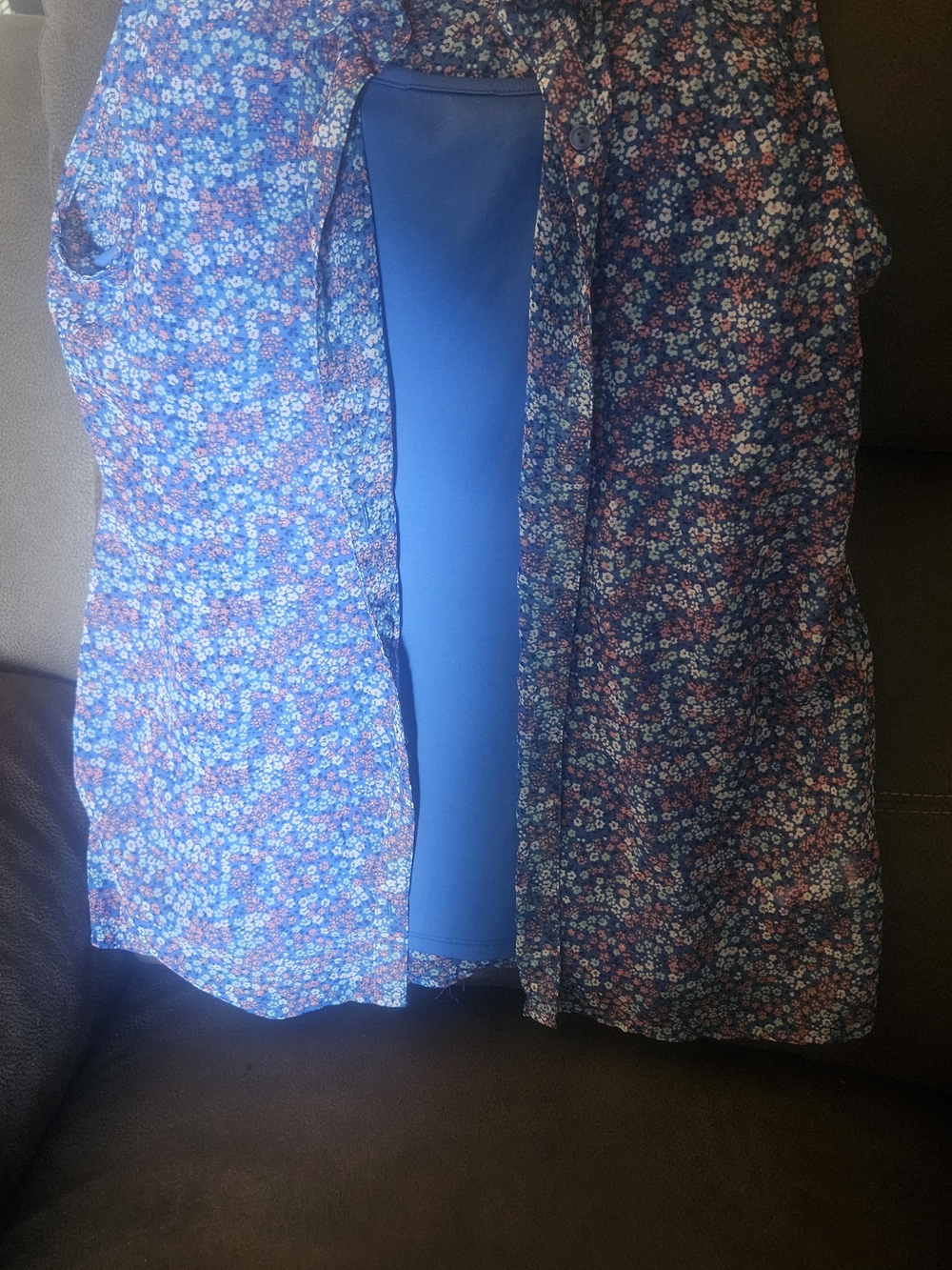 Cherokee Blue Floral Open-Front Button Down Blouse With Attached Cami